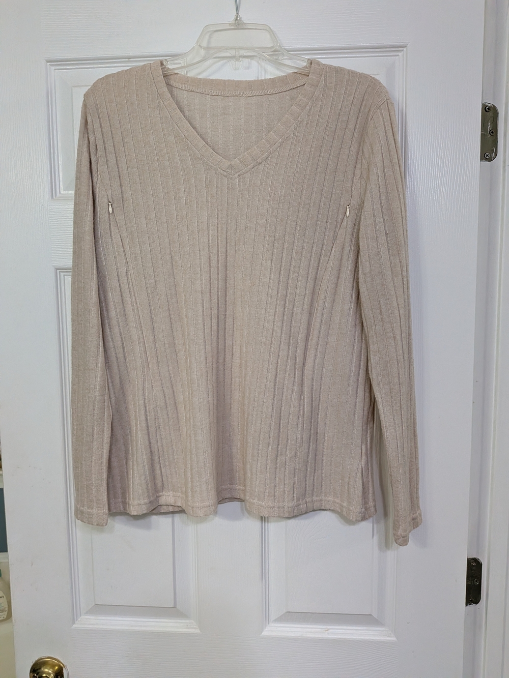 Ribbed V-Neck Long Sleeve Top with Zipper Nursing Access
